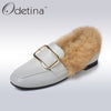 Odetina 2017 New Fashion Women Casual Flat Shoes Real Rabbit Fur Loafers Slip on Flats Square Buckle Shoes Ladies Big Size 32-45 - besttravelaccessories
